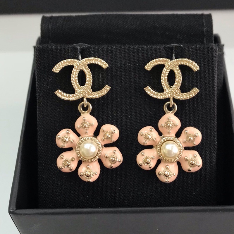 Chanel香奈兒 金色麥穗 粉色琺瑯 花朵 耳環耳釘-0