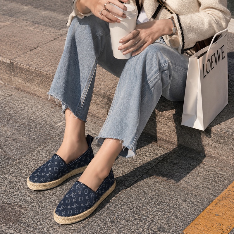 914intheair精品代購『只穿一次閒置』Lv Louis Vuitton 路易威登 單寧牛仔深藍漁夫鞋 草編鞋 38-0