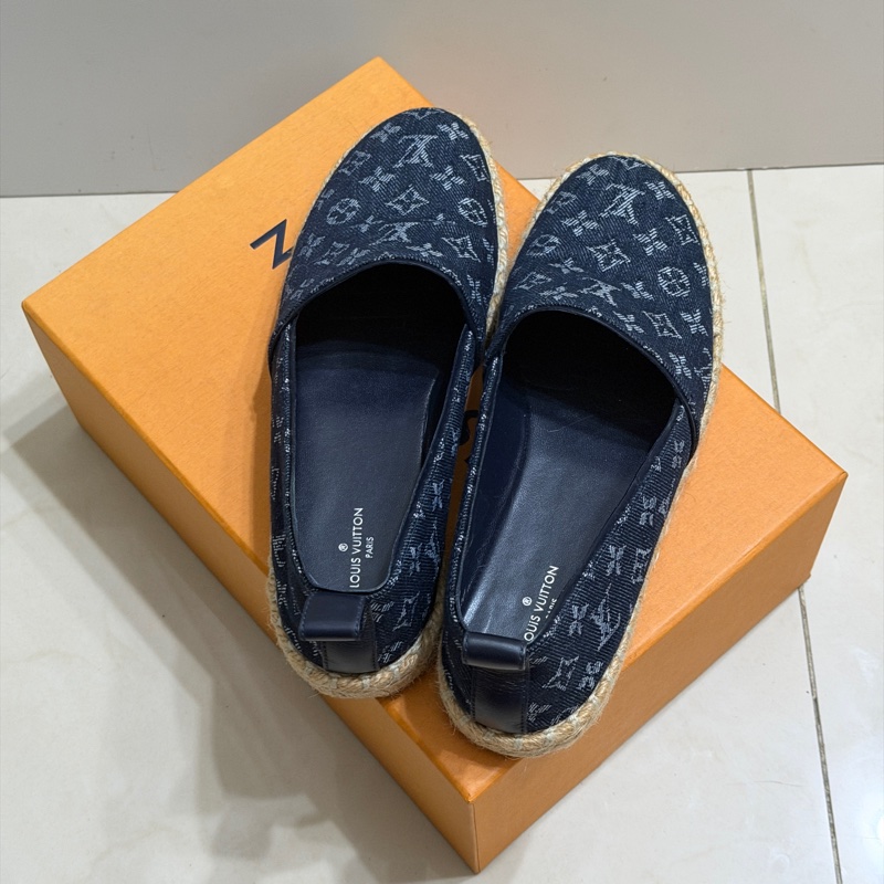 914intheair精品代購『只穿一次閒置』Lv Louis Vuitton 路易威登 單寧牛仔深藍漁夫鞋 草編鞋 38-7