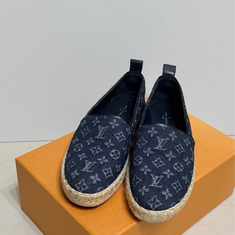 914intheair精品代購『只穿一次閒置』Lv Louis Vuitton 路易威登 單寧牛仔深藍漁夫鞋 草編鞋 38-8
