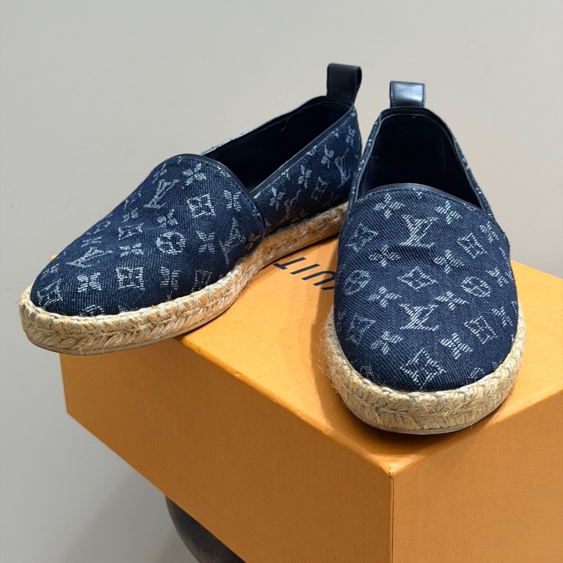 914intheair精品代購『只穿一次閒置』Lv Louis Vuitton 路易威登 單寧牛仔深藍漁夫鞋 草編鞋 38-13