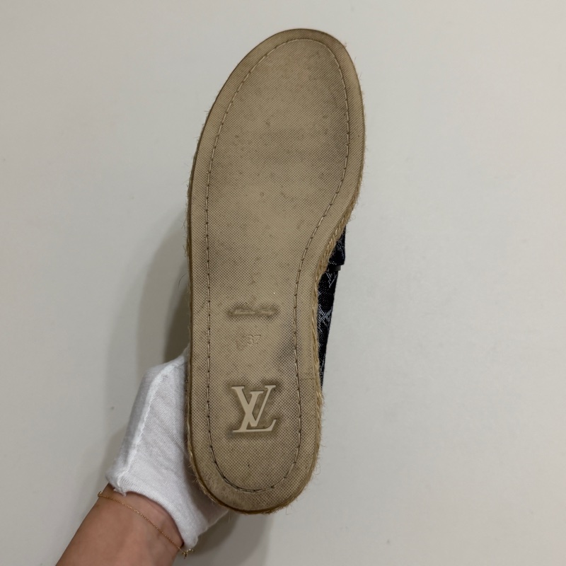914intheair精品代購『只穿一次閒置』Lv Louis Vuitton 路易威登 單寧牛仔深藍漁夫鞋 草編鞋 38-22