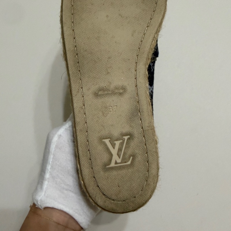 914intheair精品代購『只穿一次閒置』Lv Louis Vuitton 路易威登 單寧牛仔深藍漁夫鞋 草編鞋 38-23