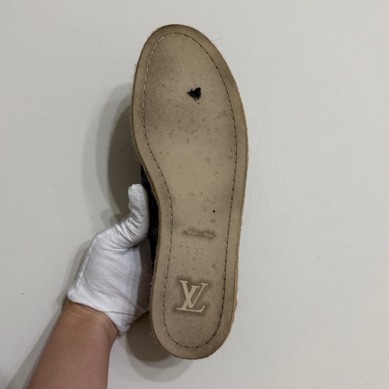 914intheair精品代購『只穿一次閒置』Lv Louis Vuitton 路易威登 單寧牛仔深藍漁夫鞋 草編鞋 38-25
