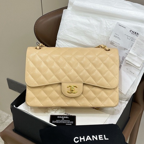99新 閑置品Chanel 香奈儿 奶茶色荔枝皮cf jumbo
