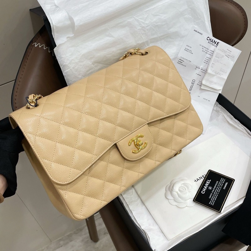 99新 閑置品Chanel 香奈儿 奶茶色荔枝皮cf jumbo-1