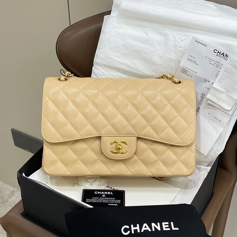 99新 閑置品Chanel 香奈儿 奶茶色荔枝皮cf jumbo-5