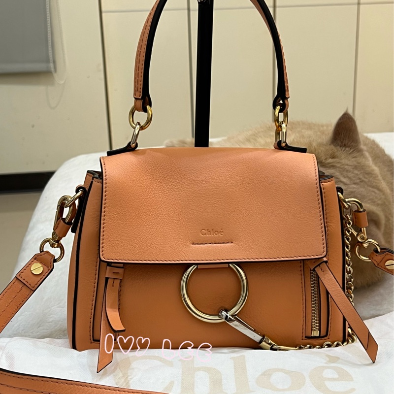 Chloe 牛皮皮革 Faye day bag 鏈扣 斜背包 肩背包 粽橘 粉橘 正品 二手精品-0