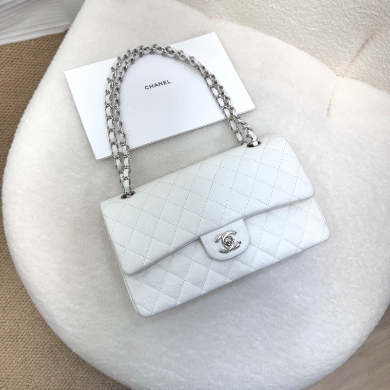 香奈兒CF25 CHANEL白色牛皮銀釦Classic Flap 25公分雙蓋口蓋包A01112 絕美現貨仙女包 🤍-10