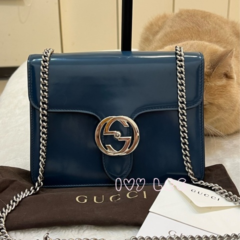 GUCCI 雙G互扣式皮革單肩包 斜背包 藍色 銀鍊條包387609 正品 二手精品