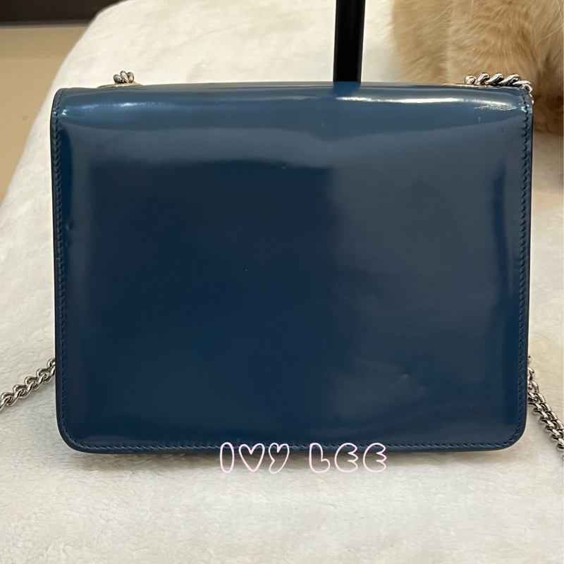 GUCCI 雙G互扣式皮革單肩包 斜背包 藍色 銀鍊條包387609 正品 二手精品-1