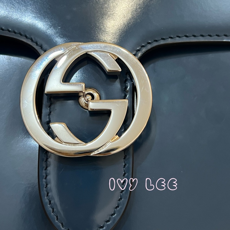 GUCCI 雙G互扣式皮革單肩包 斜背包 藍色 銀鍊條包387609 正品 二手精品-4