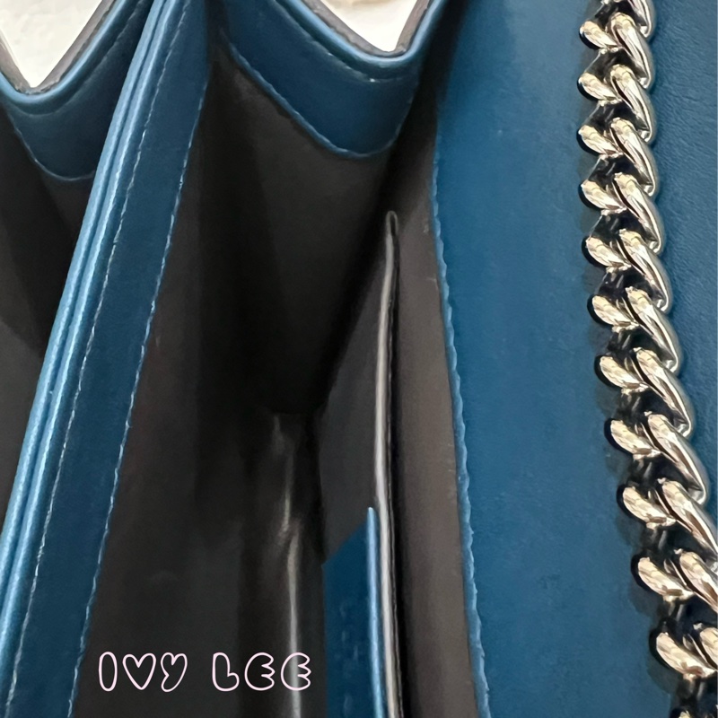 GUCCI 雙G互扣式皮革單肩包 斜背包 藍色 銀鍊條包387609 正品 二手精品-10