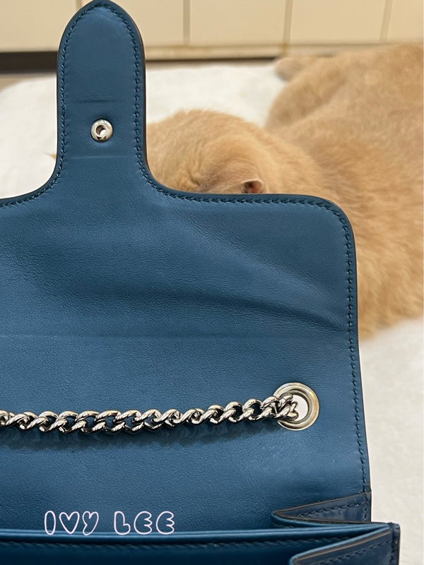 GUCCI 雙G互扣式皮革單肩包 斜背包 藍色 銀鍊條包387609 正品 二手精品-22