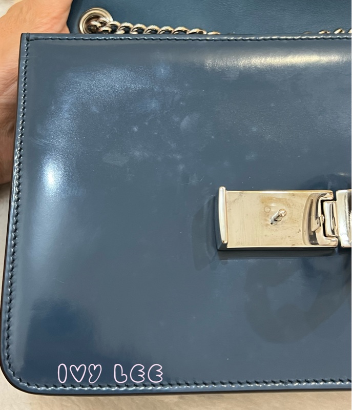 GUCCI 雙G互扣式皮革單肩包 斜背包 藍色 銀鍊條包387609 正品 二手精品-24