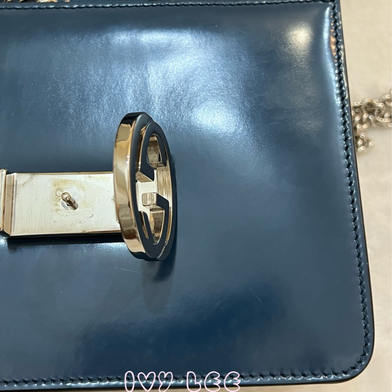GUCCI 雙G互扣式皮革單肩包 斜背包 藍色 銀鍊條包387609 正品 二手精品-26