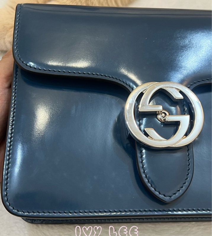 GUCCI 雙G互扣式皮革單肩包 斜背包 藍色 銀鍊條包387609 正品 二手精品-33