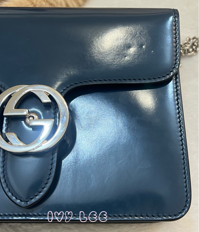 GUCCI 雙G互扣式皮革單肩包 斜背包 藍色 銀鍊條包387609 正品 二手精品-34