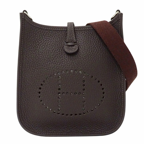 愛馬仕 HERMES 手提包，女士品牌單肩包，Evelyne TPM，Taurillon Clemence 皮革，深棕色，銀色五金，迷你 W 印記。