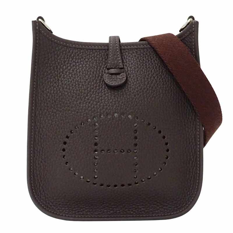 愛馬仕 HERMES 手提包,女士品牌單肩包,Evelyne TPM,Taurillon Clemence 皮革,深棕色,銀色五金,迷你 W 印記。-0