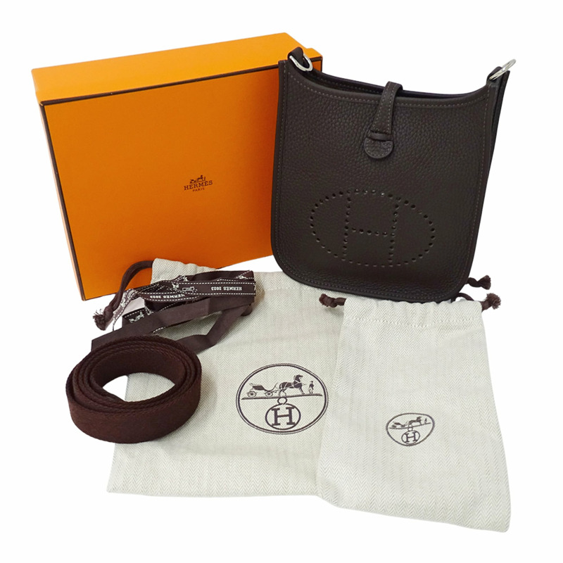 愛馬仕 HERMES 手提包,女士品牌單肩包,Evelyne TPM,Taurillon Clemence 皮革,深棕色,銀色五金,迷你 W 印記。-7