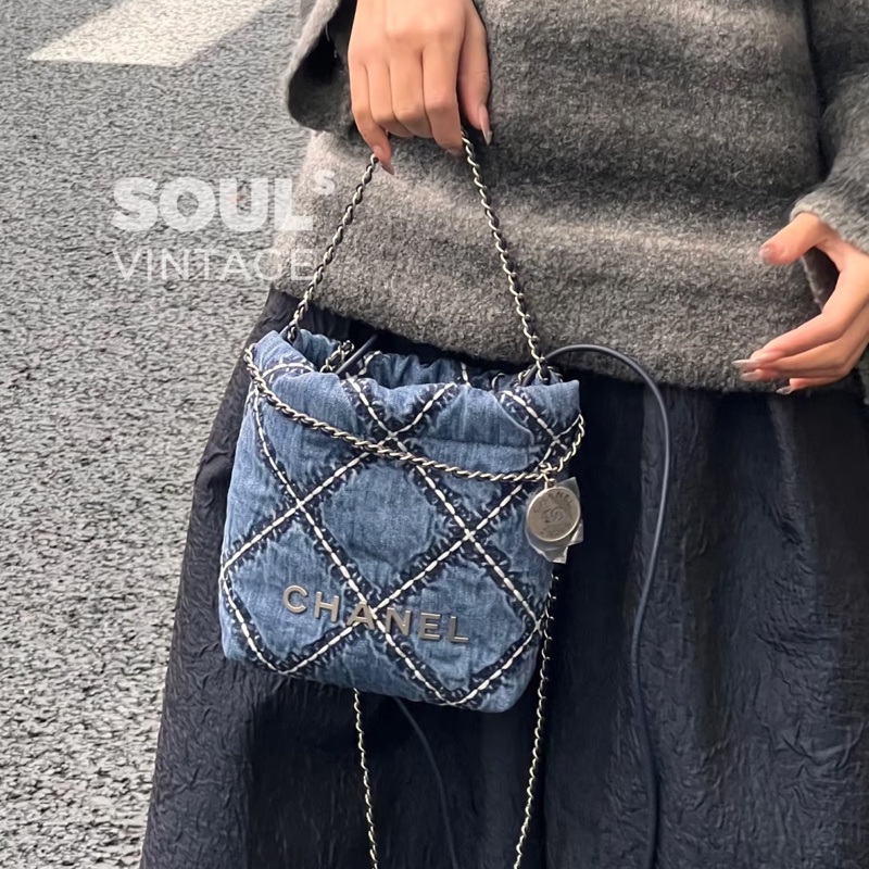 絕美百搭😍99新🈶購證✨Chanel香奈兒24P春夏系列牛仔格紋鏈條22bag迷你mini垃圾袋單肩斜挎包-0