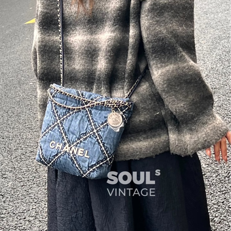 絕美百搭😍99新🈶購證✨Chanel香奈兒24P春夏系列牛仔格紋鏈條22bag迷你mini垃圾袋單肩斜挎包-2