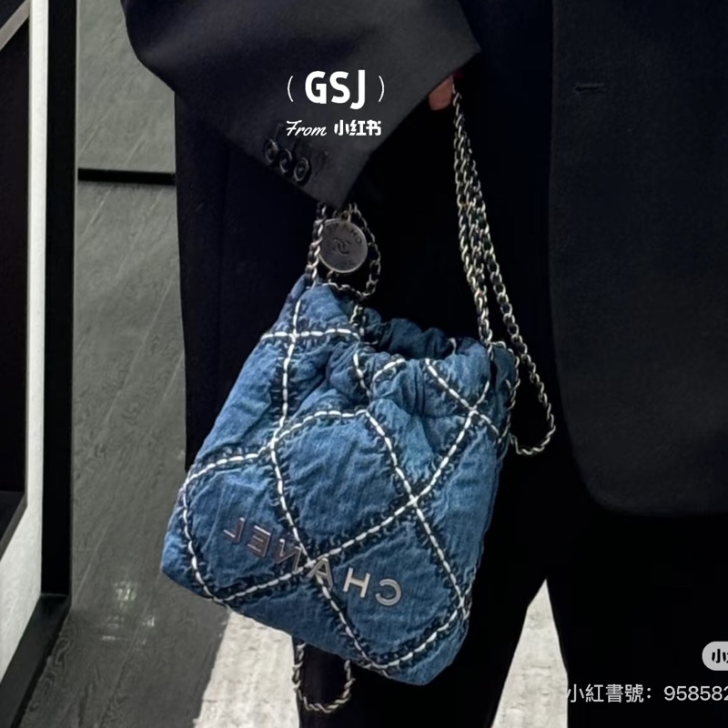 絕美百搭😍99新🈶購證✨Chanel香奈兒24P春夏系列牛仔格紋鏈條22bag迷你mini垃圾袋單肩斜挎包-5