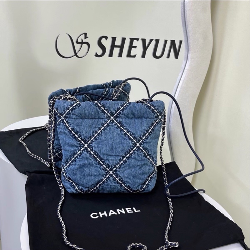 絕美百搭😍99新🈶購證✨Chanel香奈兒24P春夏系列牛仔格紋鏈條22bag迷你mini垃圾袋單肩斜挎包-14