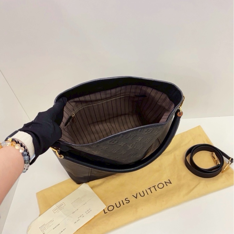 通勤必備🔍百搭實用✨Lv路易威登黑色壓紋老花全皮Melie hobo麻花肩帶三用托特包手提包肩背包-8