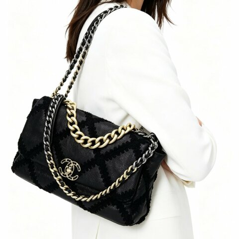 CHANEL 黑金19bag中號外縫線手提斜背鏈條包 30*18*9 98新配件購證 保卡 塵袋