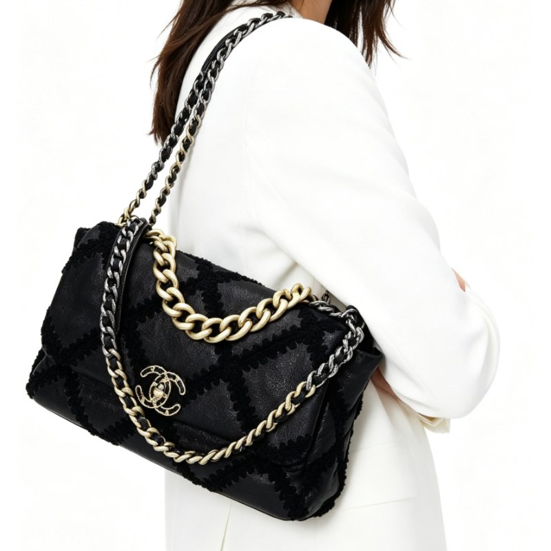 CHANEL 黑金19bag中號外縫線手提斜背鏈條包 30*18*9 98新配件購證 保卡 塵袋-0
