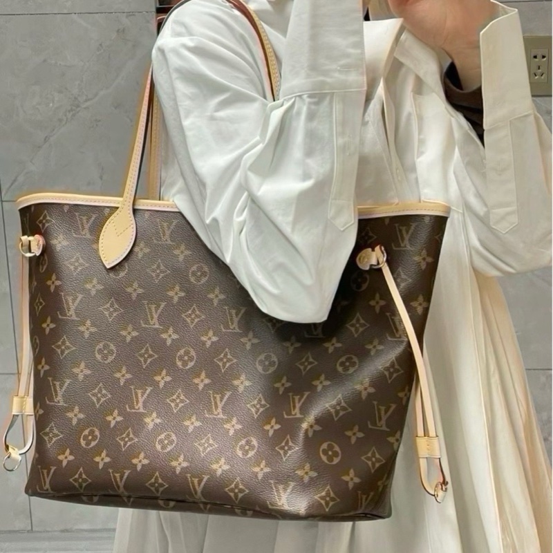 98新LV路易威登Neverfull 中號米色內裡手提單肩腋下包-8