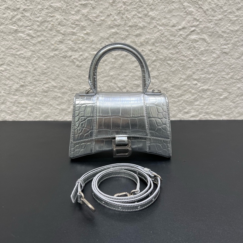 Balenciaga巴黎世家hourglass 銀色鰐魚紋牛皮沙漏包-0