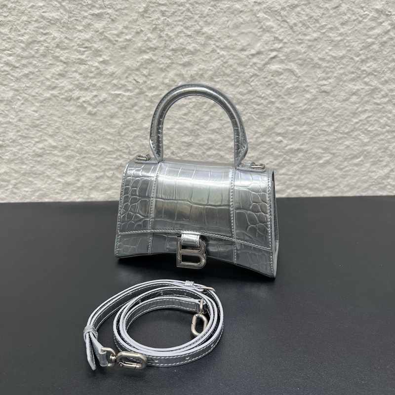 Balenciaga巴黎世家hourglass 銀色鰐魚紋牛皮沙漏包-7