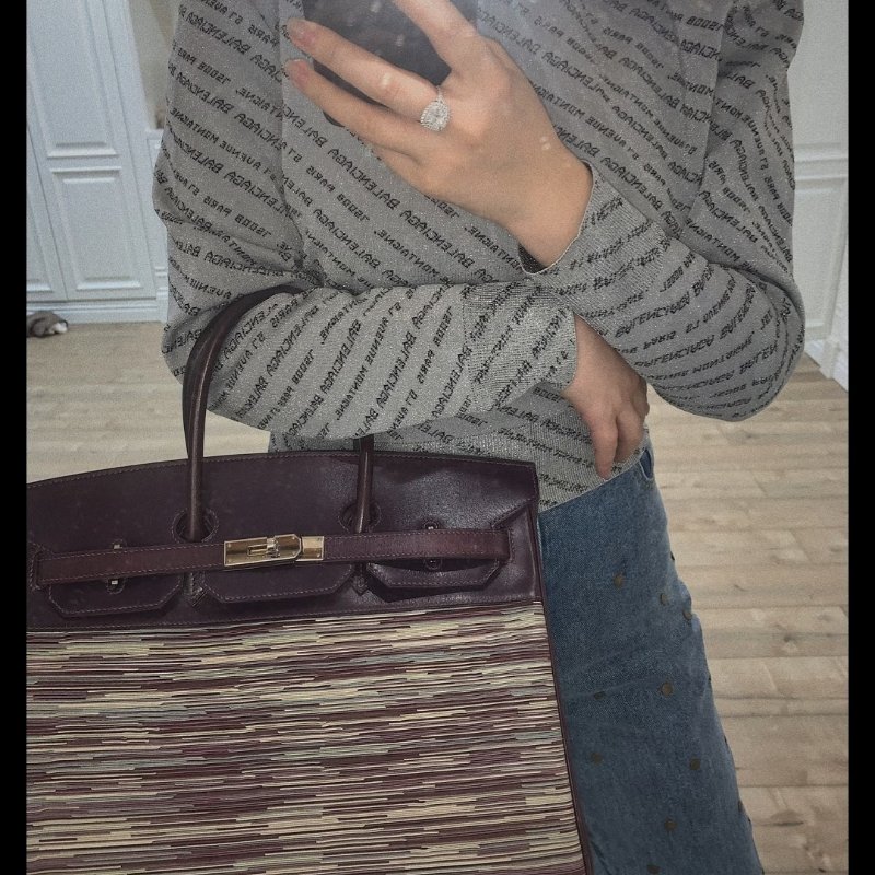 HERMES 紫色拼羊切皮銀扣birkin35手提包 35*28*18 98新配件塵袋鎖 鑰匙 盒子-0