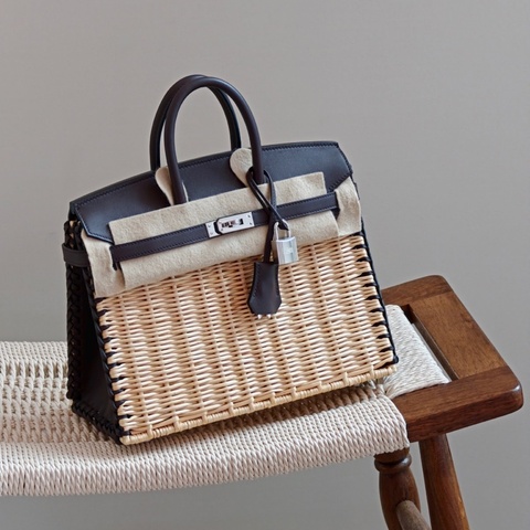 ❤️復古控必入!愛馬仕野餐包🧰Hermes 愛馬仕 Birkin25 野餐包手提包 馬鞍紅撞上竹編元素復古又時尚 銀扣 Z刻❤️正品