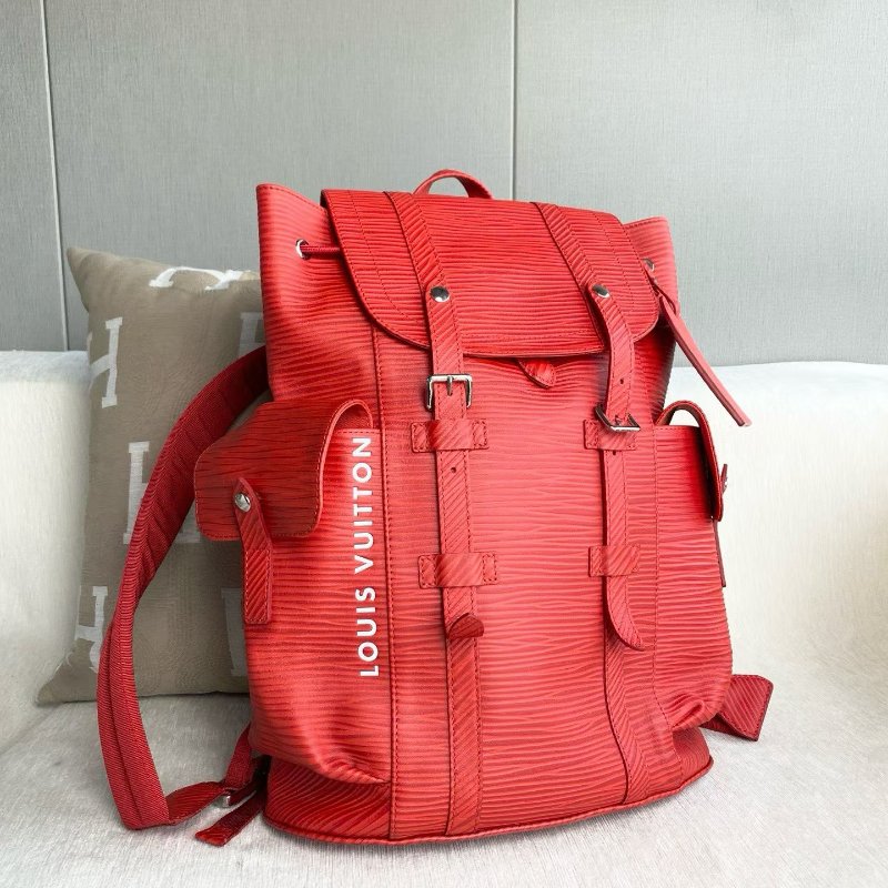 LV christopher水波紋後背包背包  芯片款 紅色牛皮 33*42*13 99新配件行李牌 塵袋-7