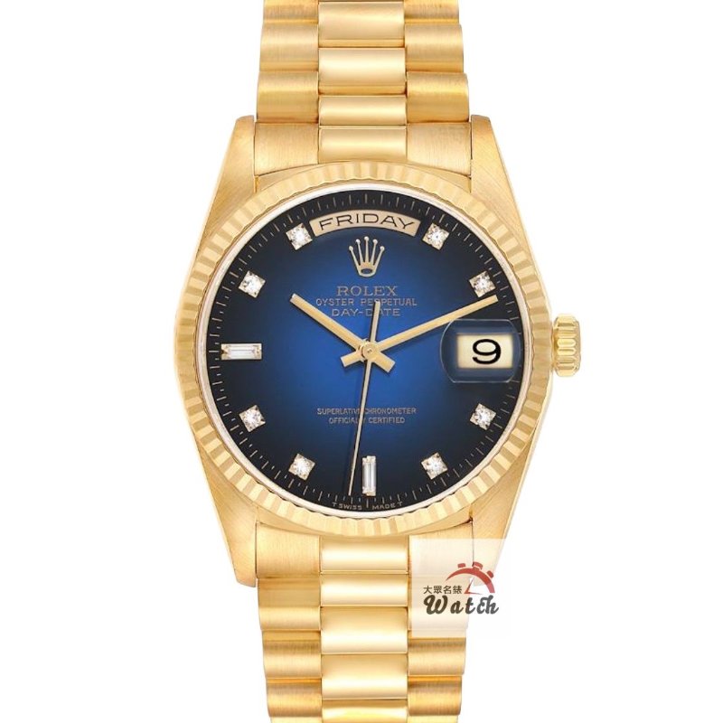 【大眾名錶】ROLEX 勞力士 18238 Day-Date 18K金 台AD 原面未翻寫 漸層藍十鑽面 原帶未整理 錶徑36mm G296-0