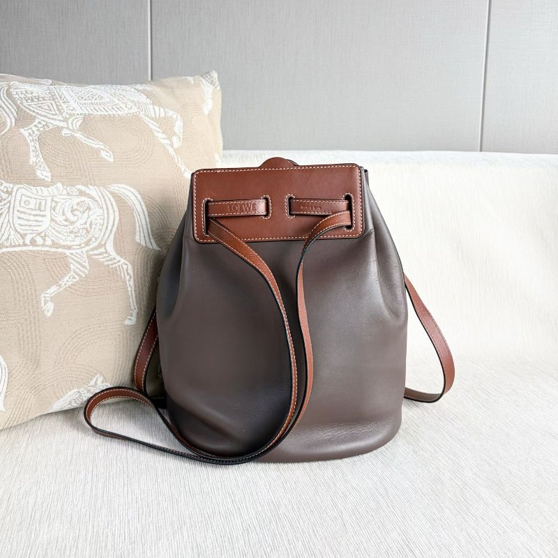 Loewe lazo雙肩帶水桶包斜背包 棕褐色拼焦糖色 23*28*17 98新配件塵袋-2