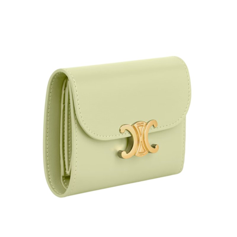 【CELINE】Triomphe 凱旋門 亮澤光滑羊皮革 小號 翻蓋 零錢包 卡夾 皮夾 短夾 青檸色 10D783DPV.GJJ8-1