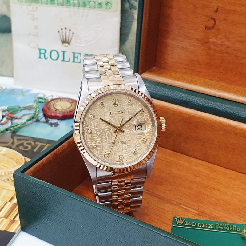 【大眾名錶】ROLEX 勞力士16233 Datejust 半金蠔式 全配件 台灣保單 金色十鑽紀念面盤 底蓋貼紙 錶耳無孔 G297-1
