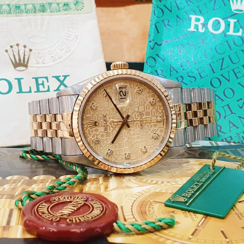 【大眾名錶】ROLEX 勞力士16233 Datejust 半金蠔式 全配件 台灣保單 金色十鑽紀念面盤 底蓋貼紙 錶耳無孔 G297-4