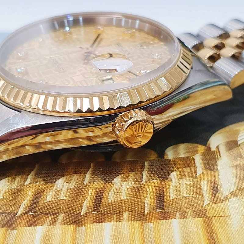 【大眾名錶】ROLEX 勞力士16233 Datejust 半金蠔式 全配件 台灣保單 金色十鑽紀念面盤 底蓋貼紙 錶耳無孔 G297-6