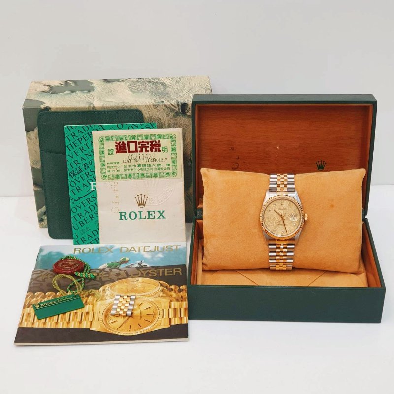 【大眾名錶】ROLEX 勞力士16233 Datejust 半金蠔式 全配件 台灣保單 金色十鑽紀念面盤 底蓋貼紙 錶耳無孔 G297-9