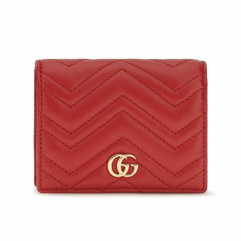【GUCCI 古馳】GG Marmont 經典金屬雙G 牛皮 卡夾 皮夾 短夾 零錢包 紅色 466492