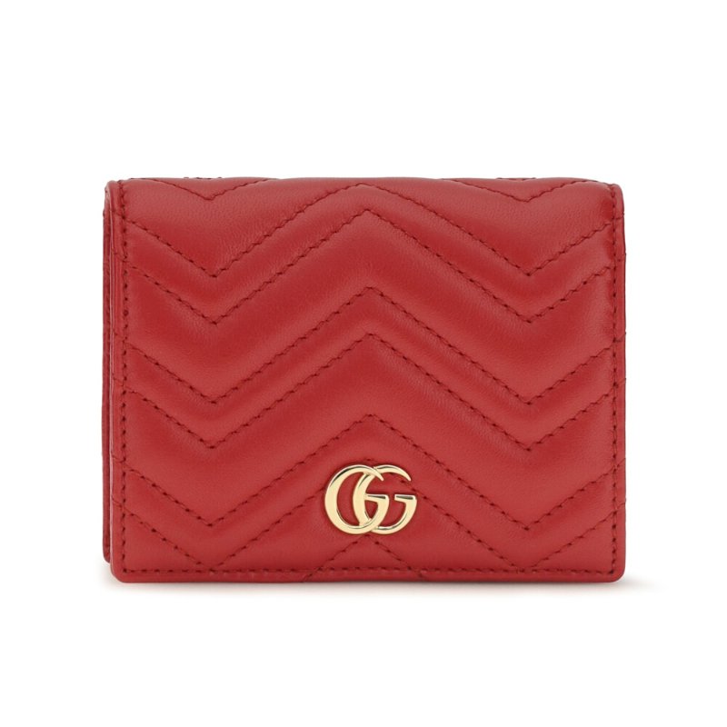 【GUCCI 古馳】GG Marmont 經典金屬雙G 牛皮 卡夾 皮夾 短夾 零錢包 紅色 466492-3