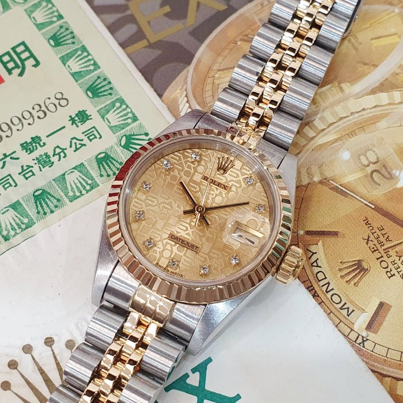 【大眾名錶】ROLEX 勞力士 69173 Datejust 半金女錶 全配件 台灣保單 金色十鑽紀念面盤 錶徑26mm 自動上鍊 G298-5