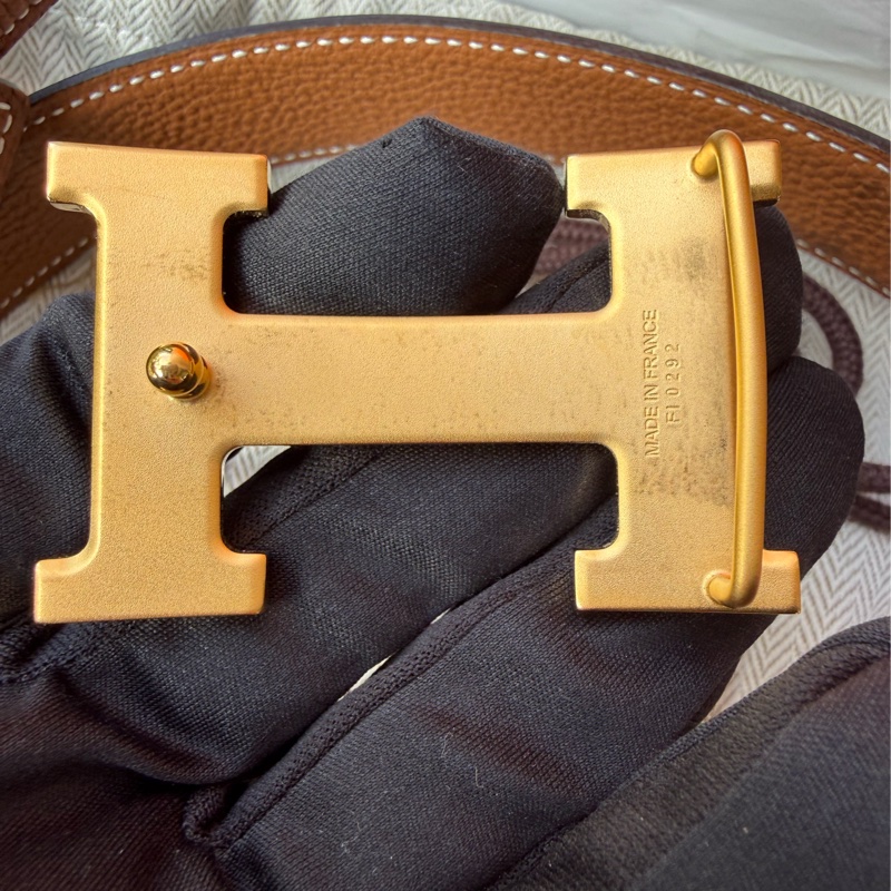 二手HERMES黑拚金棕金釦雙面38mm皮帶-3