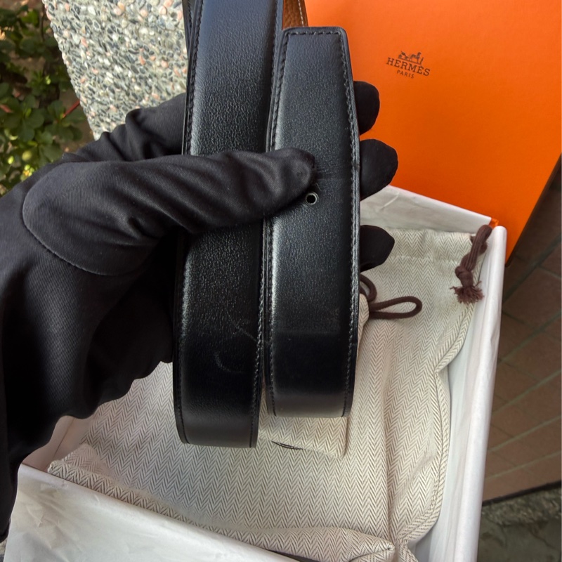 二手HERMES黑拚金棕金釦雙面38mm皮帶-6